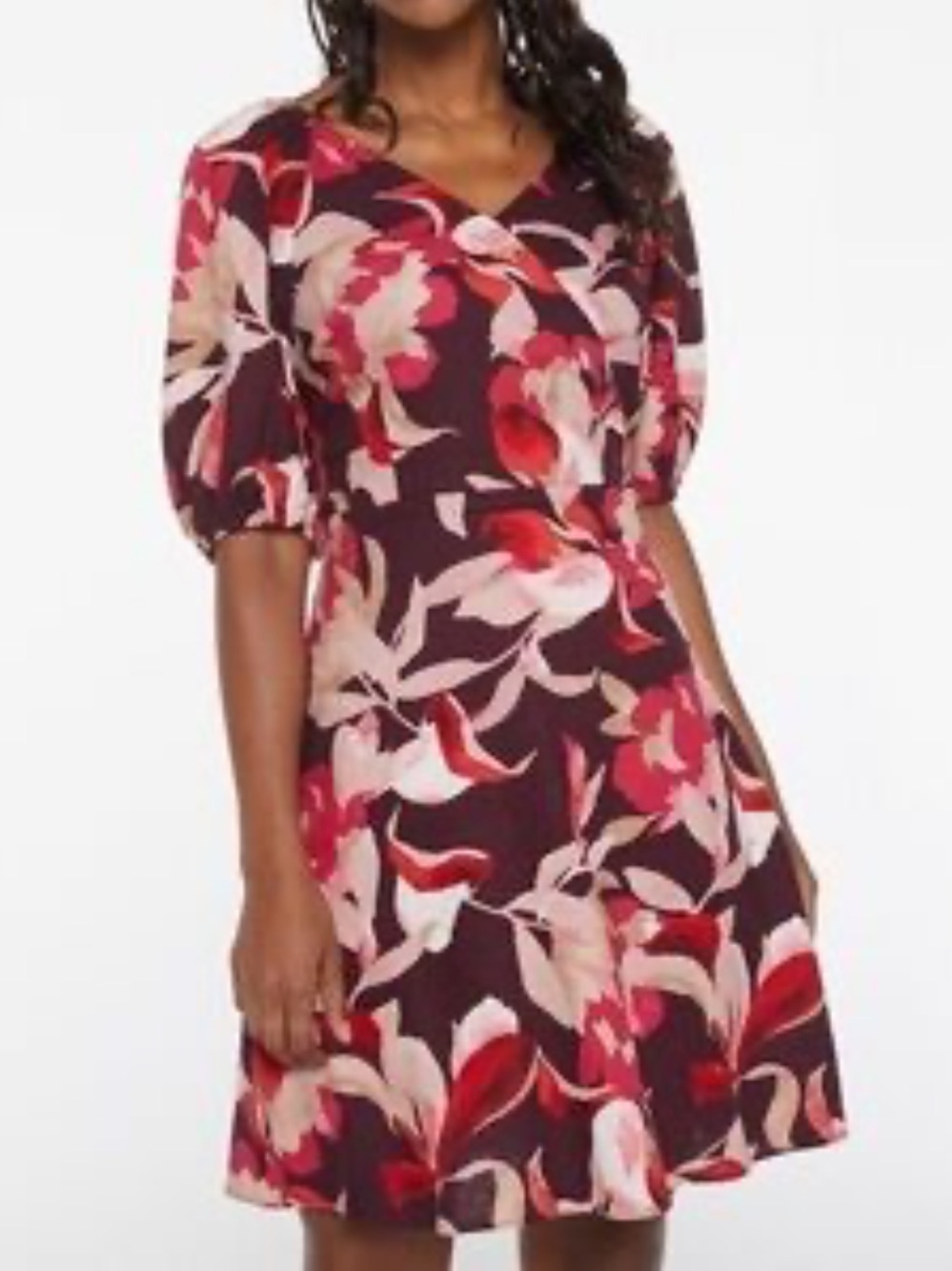 Reitmans Burgundy Floral V-Neck Midi Dress with Puff Sleeves